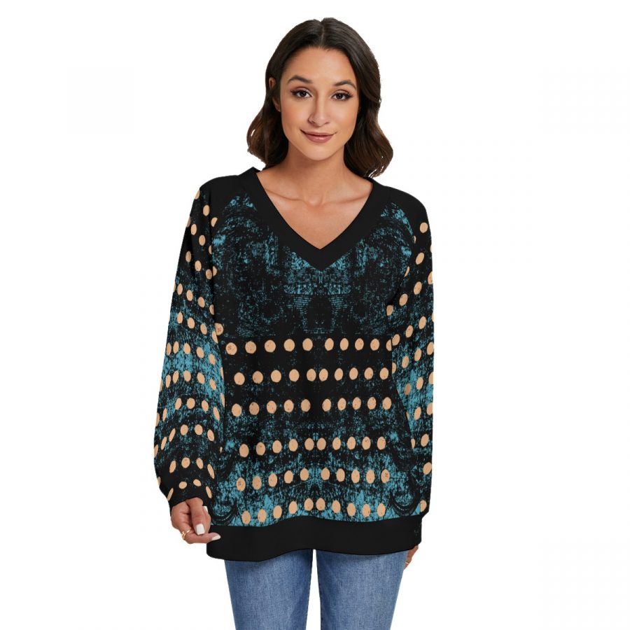 All-Over Print Women's V-neck Imitation Knitted Sweater With Long Sleeve