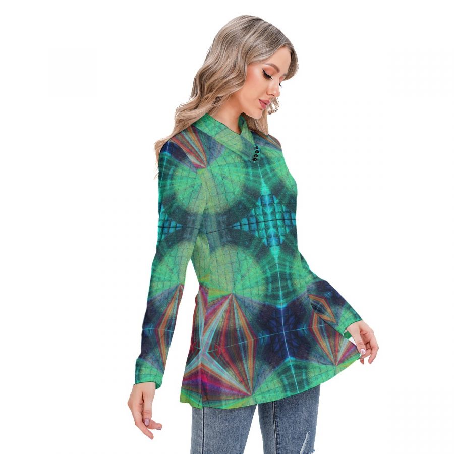 All-Over Print Women's Long-sleeved Heap-neck Slim Casual Tunic Blouse - Image 3