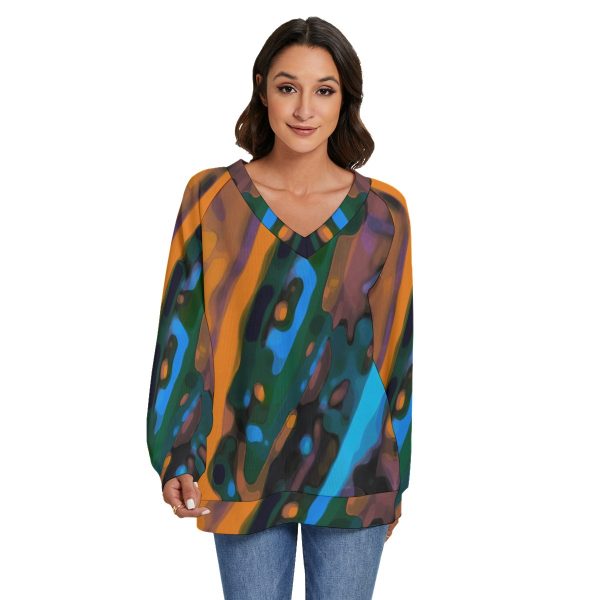All-Over Print Women's V-neck Imitation Knitted Sweater With Long Sleeve