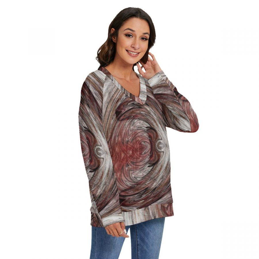 All-Over Print Women's V-neck Imitation Knitted Sweater With Long Sleeve - Image 2