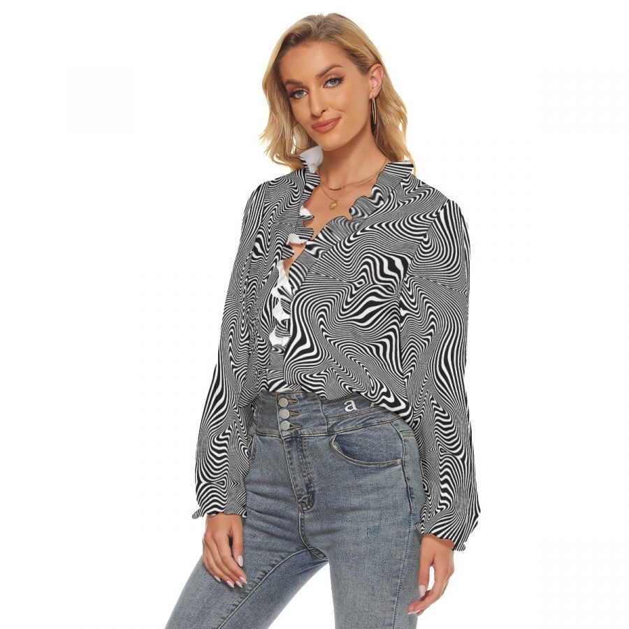 All-Over Print Women's Pleated Collar V-neck Shirt - Image 2