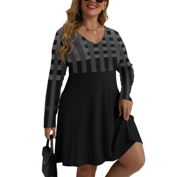 All-Over Print Women's V-neck Long Sleeve Dress(Plus Size)