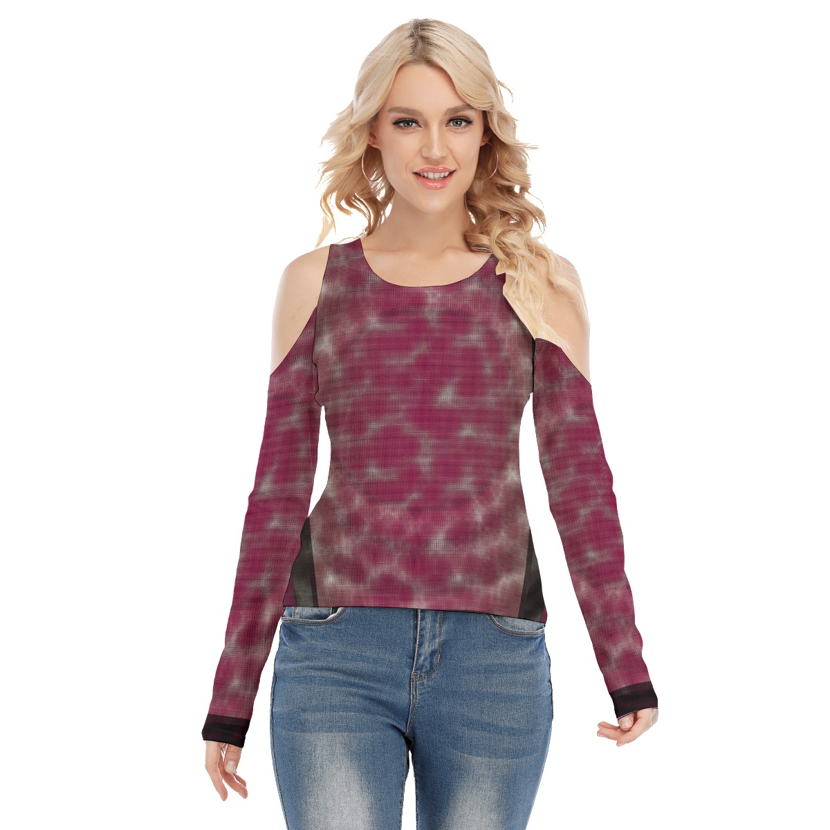 All-Over Print Women's Cold Shoulder Round Neck Long Sleeves Blouse