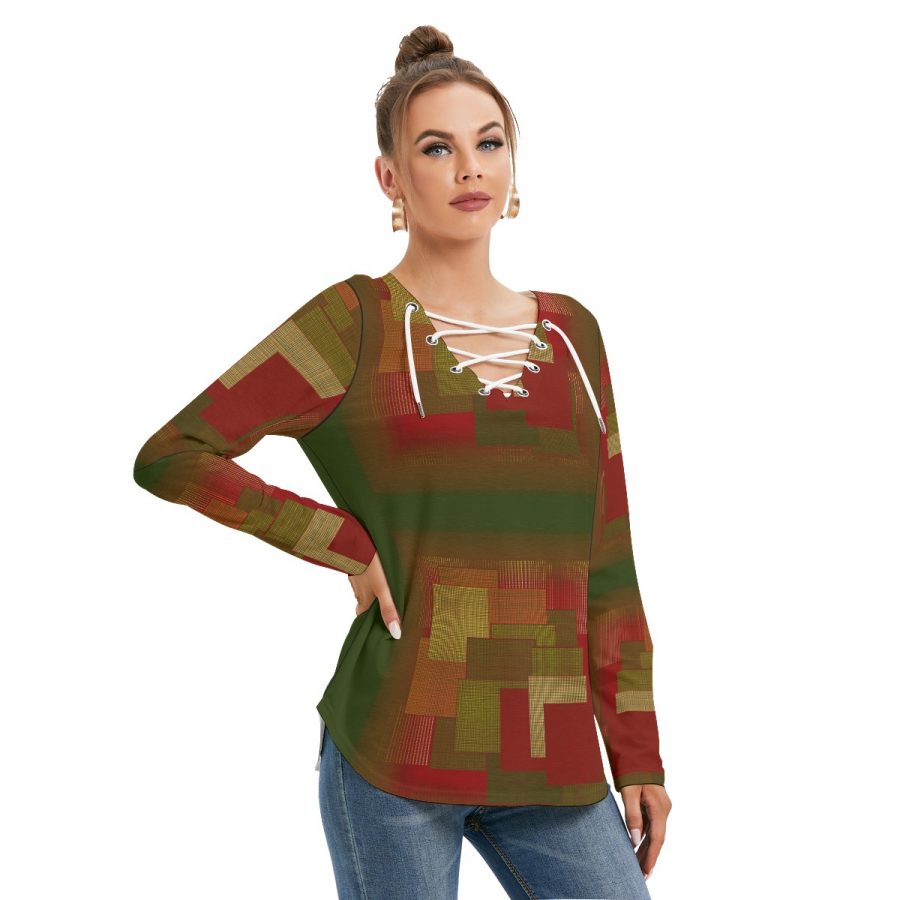 All-Over Print Women's Long Sleeve Neckline Tie Sweatshirt - Image 2