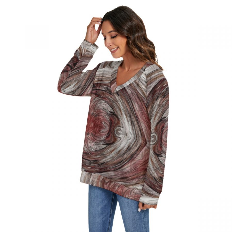 All-Over Print Women's V-neck Imitation Knitted Sweater With Long Sleeve - Image 3