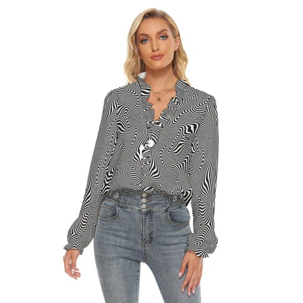 All-Over Print Women's Pleated Collar V-neck Shirt