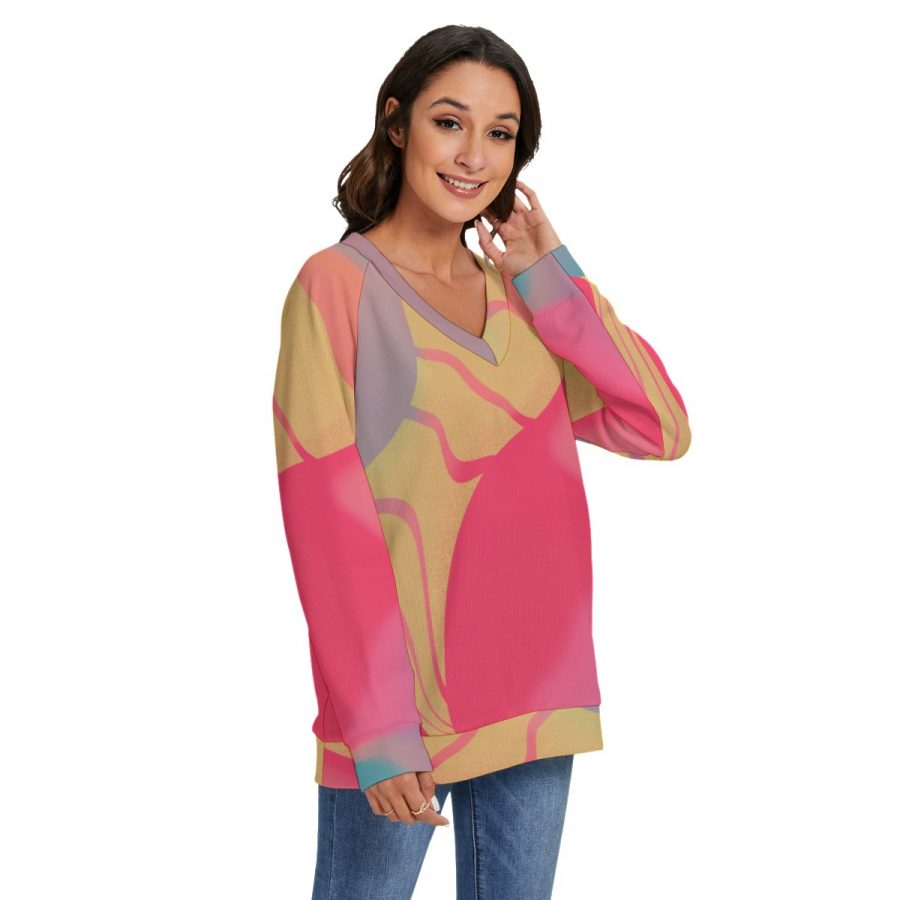 All-Over Print Women's V-neck Imitation Knitted Sweater With Long Sleeve - Image 2