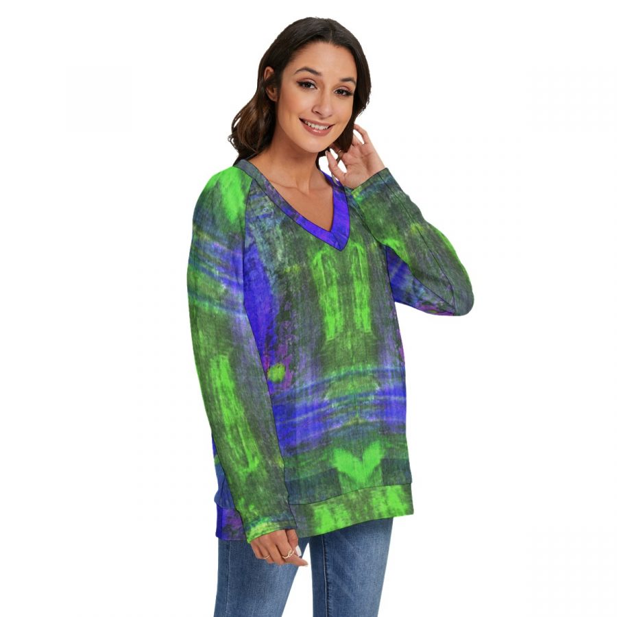 All-Over Print Women's V-neck Imitation Knitted Sweater With Long Sleeve - Image 2