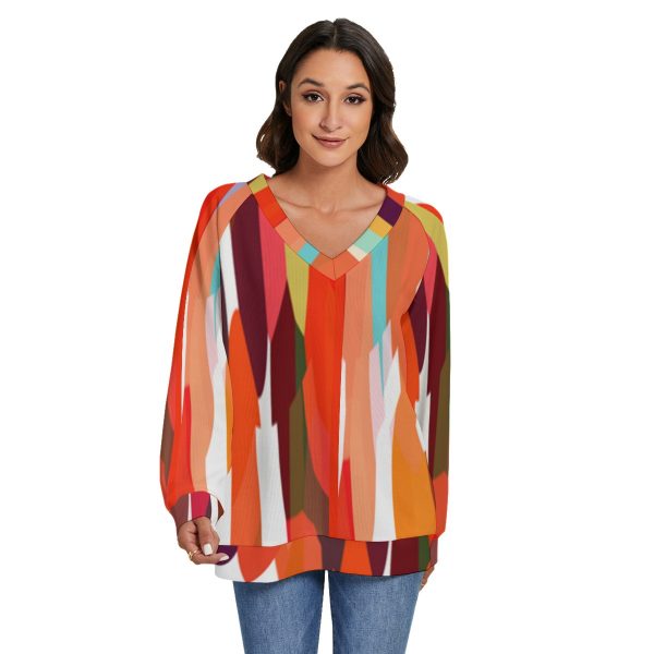 All-Over Print Women's V-neck Imitation Knitted Sweater With Long Sleeve