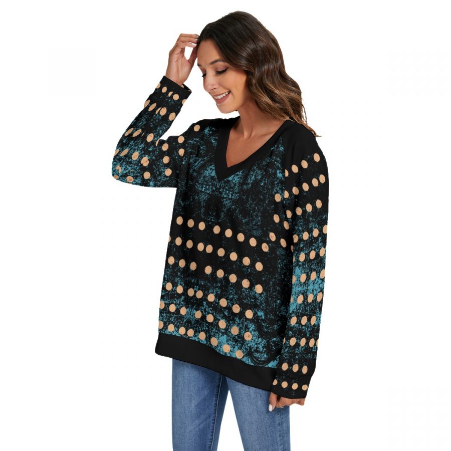All-Over Print Women's V-neck Imitation Knitted Sweater With Long Sleeve - Image 3