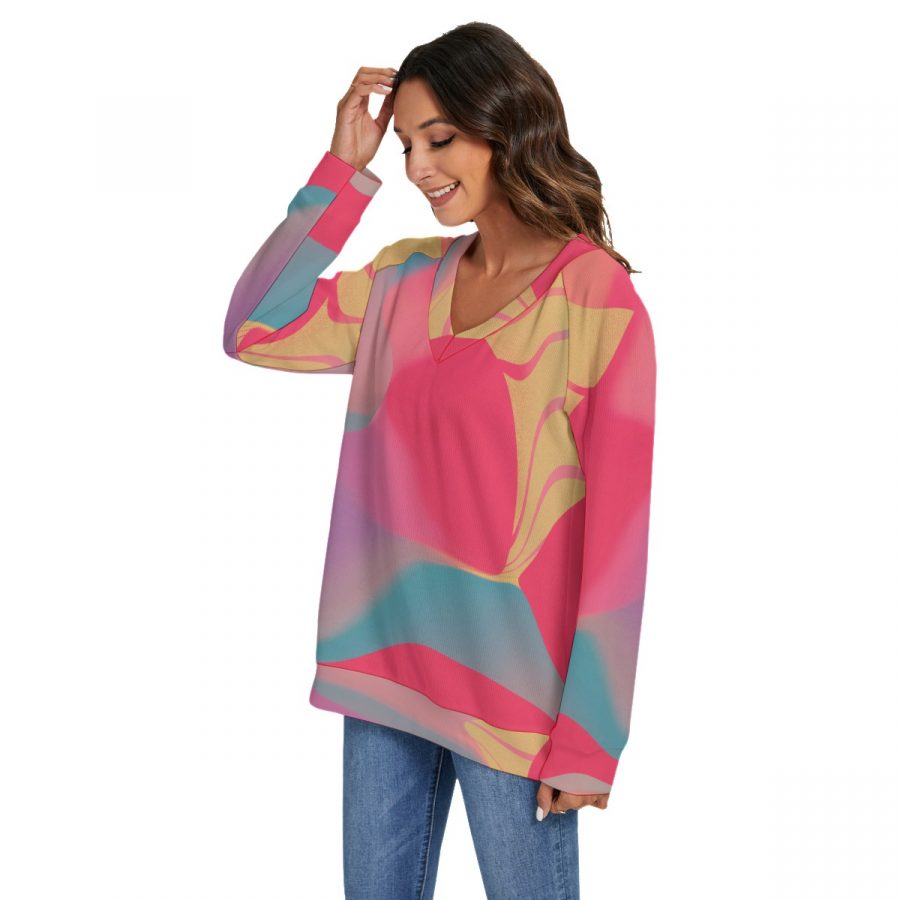 All-Over Print Women's V-neck Imitation Knitted Sweater With Long Sleeve - Image 3