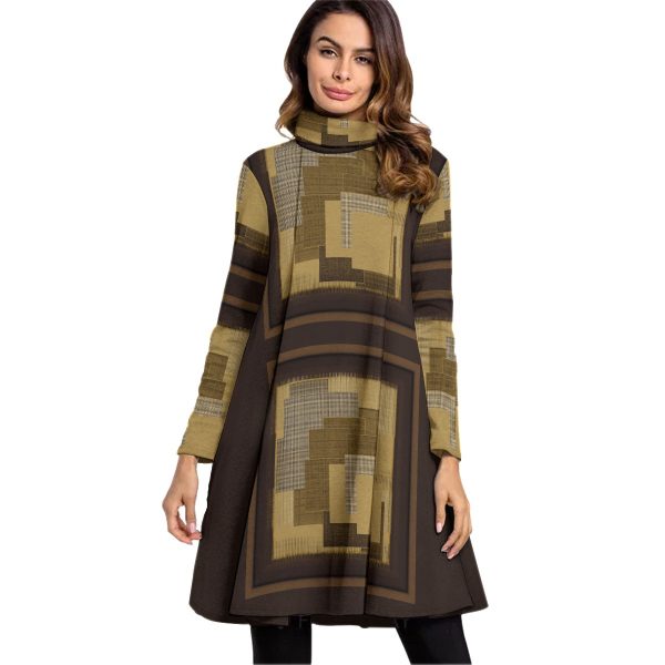 All-Over Print Women's High Neck Dress With Long Sleeve
