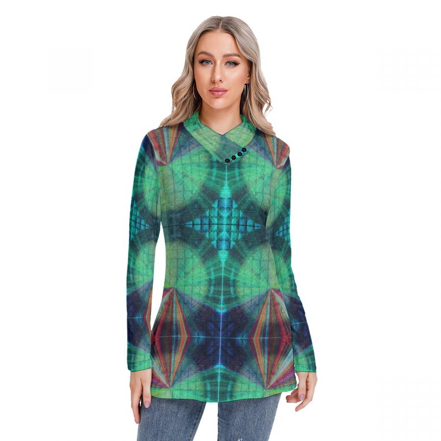 All-Over Print Women's Long-sleeved Heap-neck Slim Casual Tunic Blouse