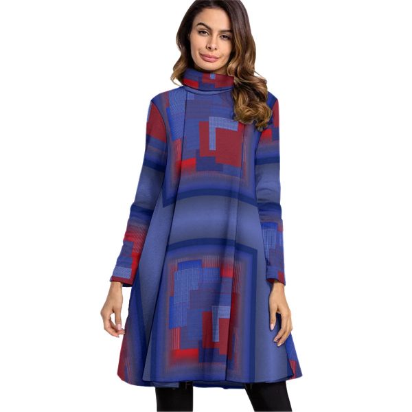 All-Over Print Women's High Neck Dress With Long Sleeve
