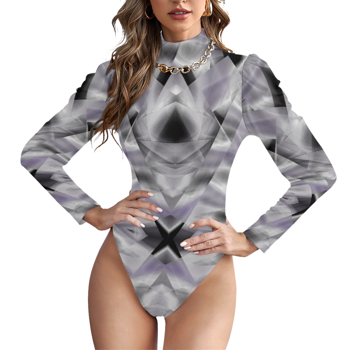 All-Over Women's Turtleneck Bodysuit With Puff Sleeve - Image 4