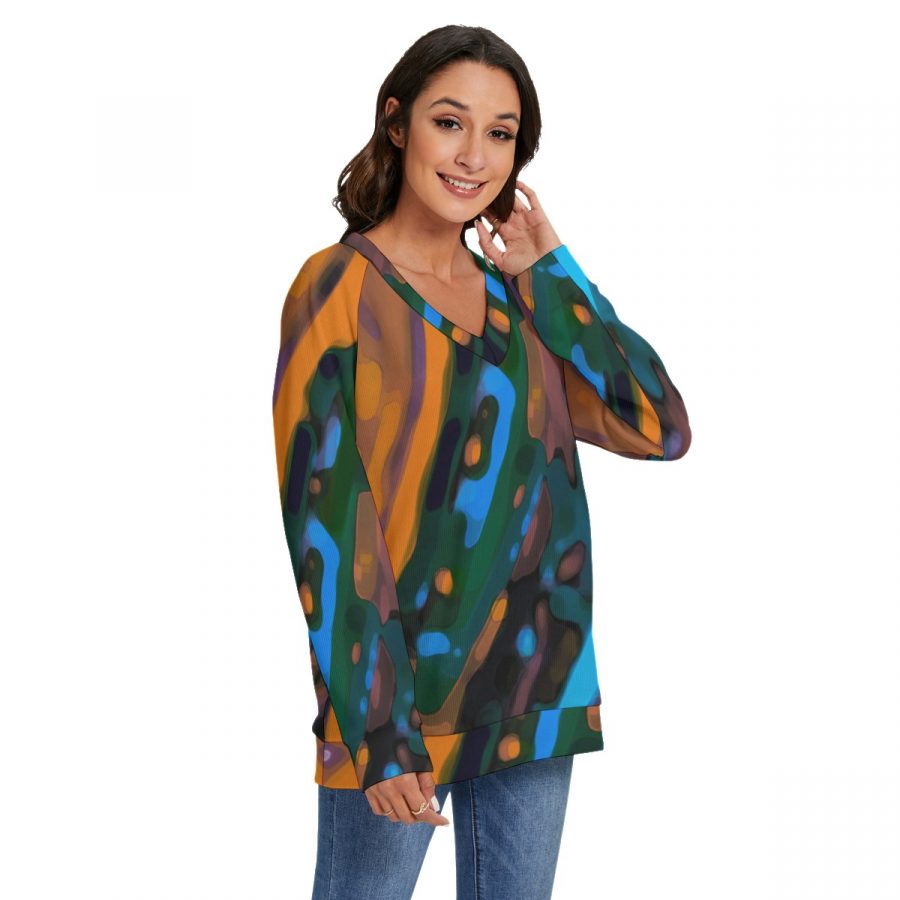 All-Over Print Women's V-neck Imitation Knitted Sweater With Long Sleeve - Image 2