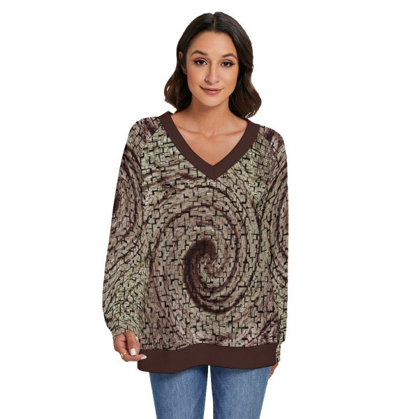 All-Over Print Women's V-neck Imitation Knitted Sweater With Long Sleeve