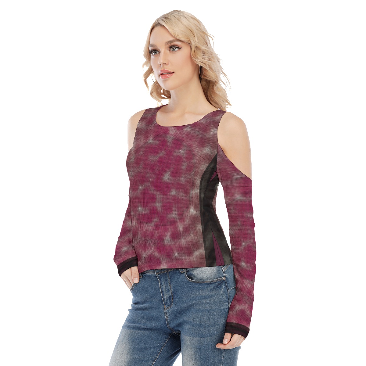 All-Over Print Women's Cold Shoulder Round Neck Long Sleeves Blouse - Image 3