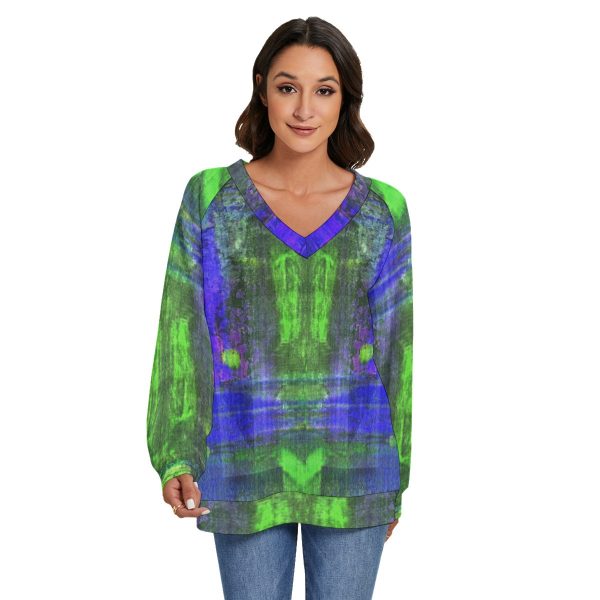All-Over Print Women's V-neck Imitation Knitted Sweater With Long Sleeve