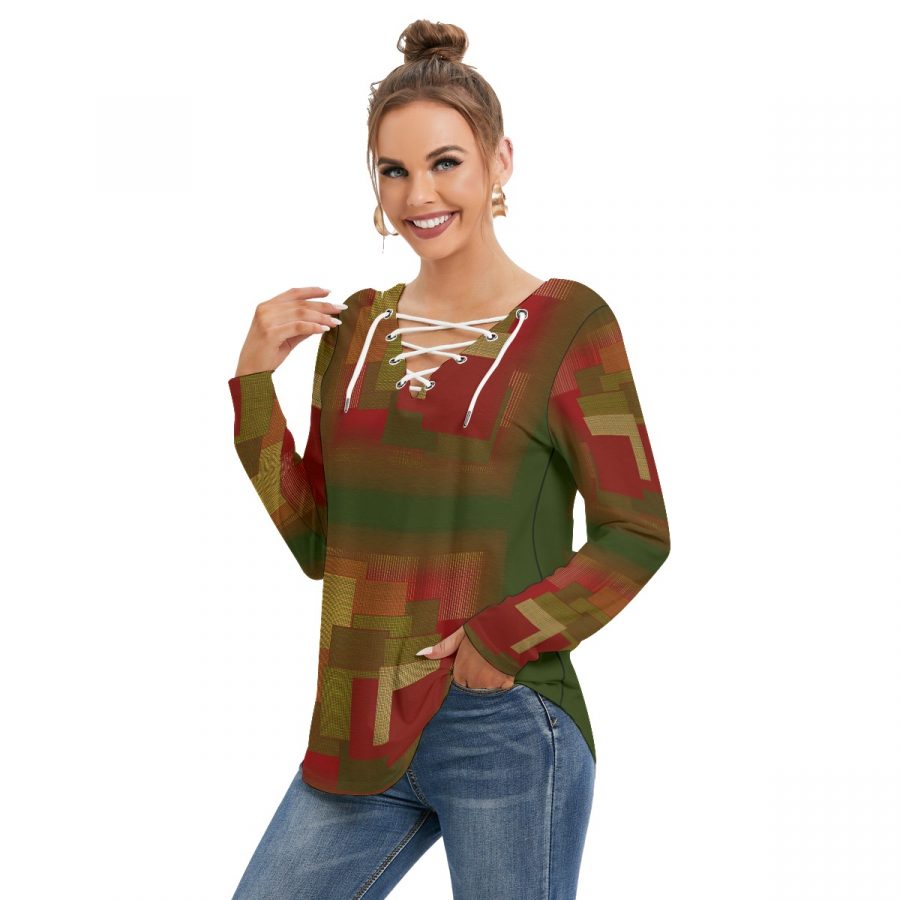All-Over Print Women's Long Sleeve Neckline Tie Sweatshirt - Image 3