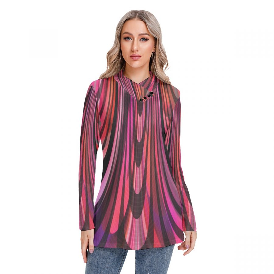 All-Over Print Women's Long-sleeved Heap-neck Slim Casual Tunic Blouse