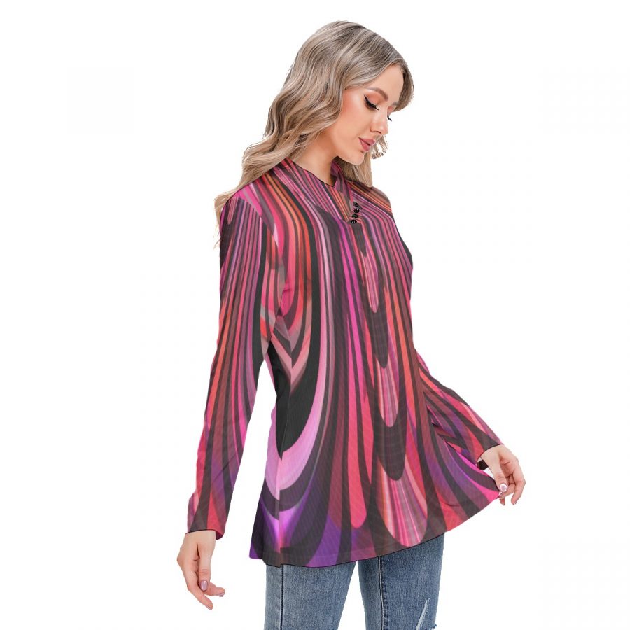 All-Over Print Women's Long-sleeved Heap-neck Slim Casual Tunic Blouse - Image 3