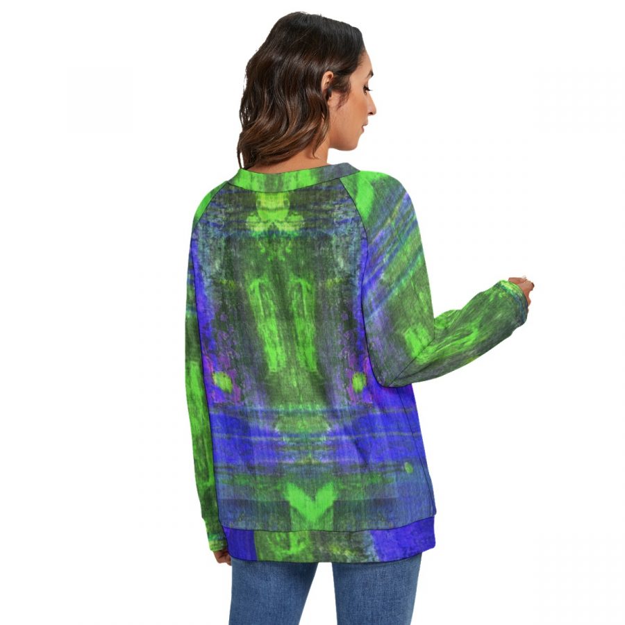 All-Over Print Women's V-neck Imitation Knitted Sweater With Long Sleeve - Image 4