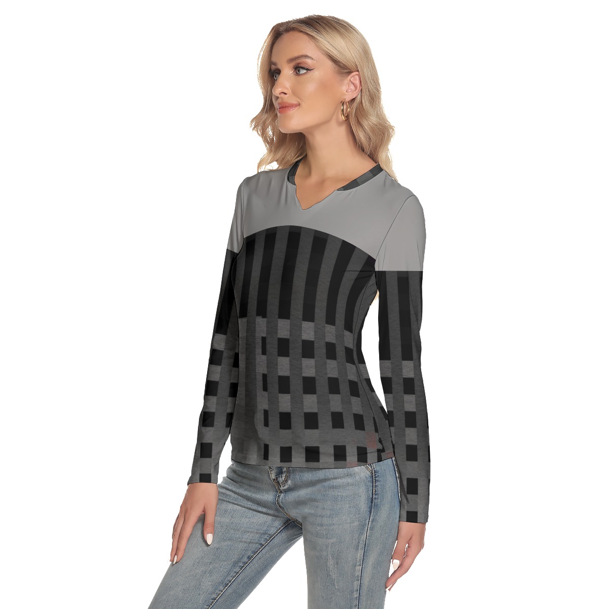 All-Over Print Women's V-Neck Long Sleeves T-Shirt - Image 3