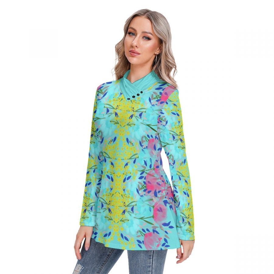 All-Over Print Women's Long-sleeved Heap-neck Slim Casual Tunic Blouse