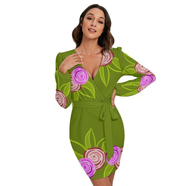 All-Over Print Women's Long Sleeve Dress With Waist Belt