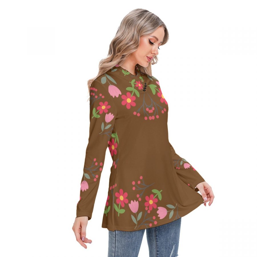 All-Over Print Women's Long-sleeved Heap-neck Slim Casual Tunic Blouse - Image 3
