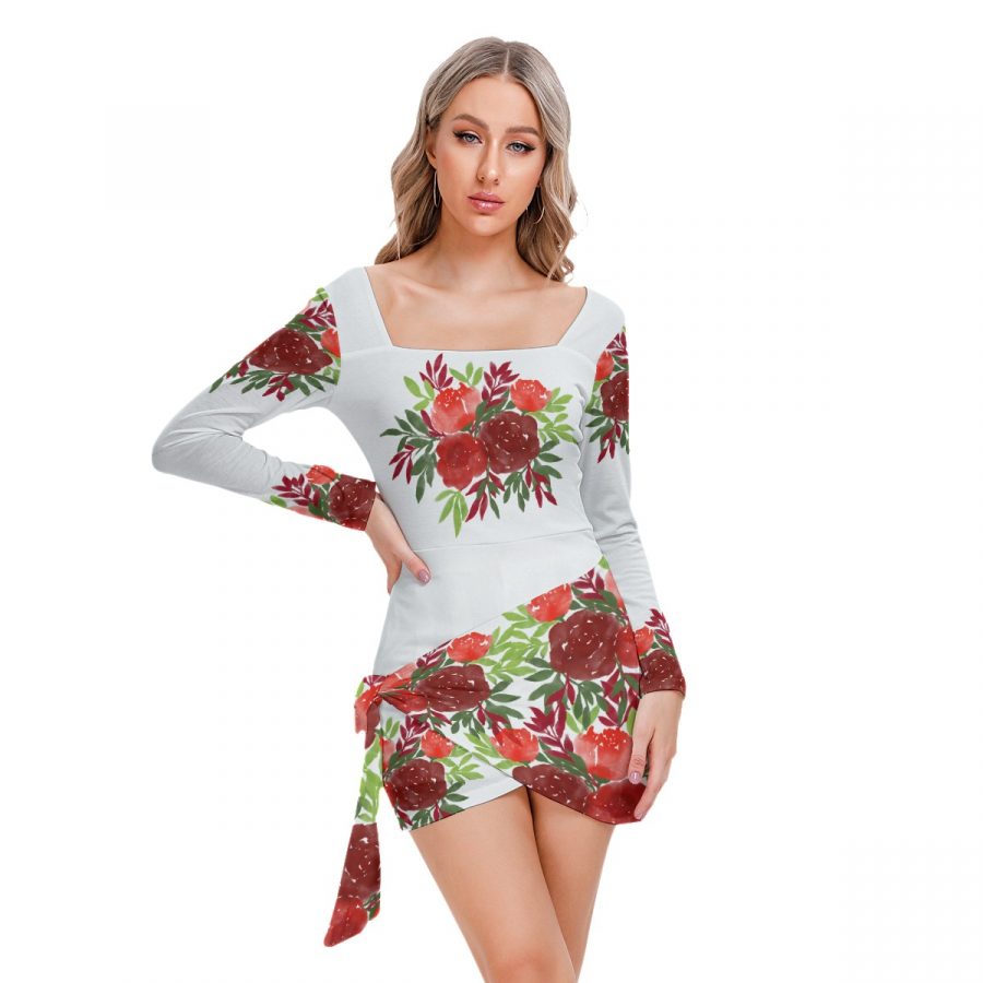 All-Over Print Women’s Square Collar Dress With Long Sleeve