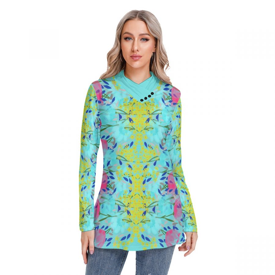 All-Over Print Women's Long-sleeved Heap-neck Slim Casual Tunic Blouse - Image 4