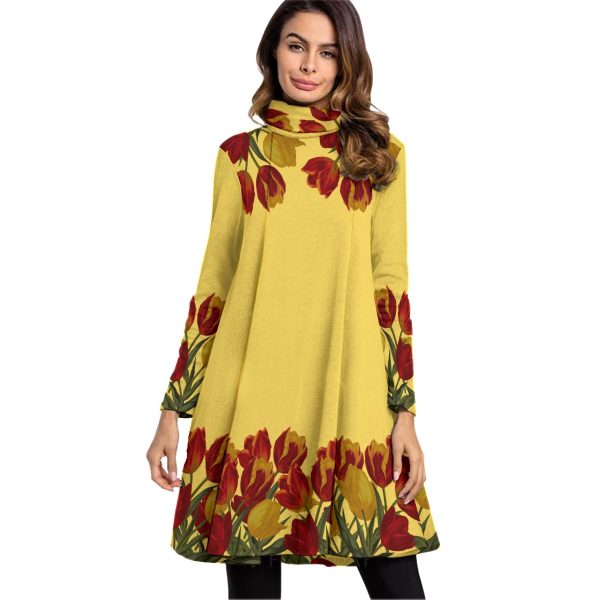 All-Over Print Women's High Neck Dress With Long Sleeve