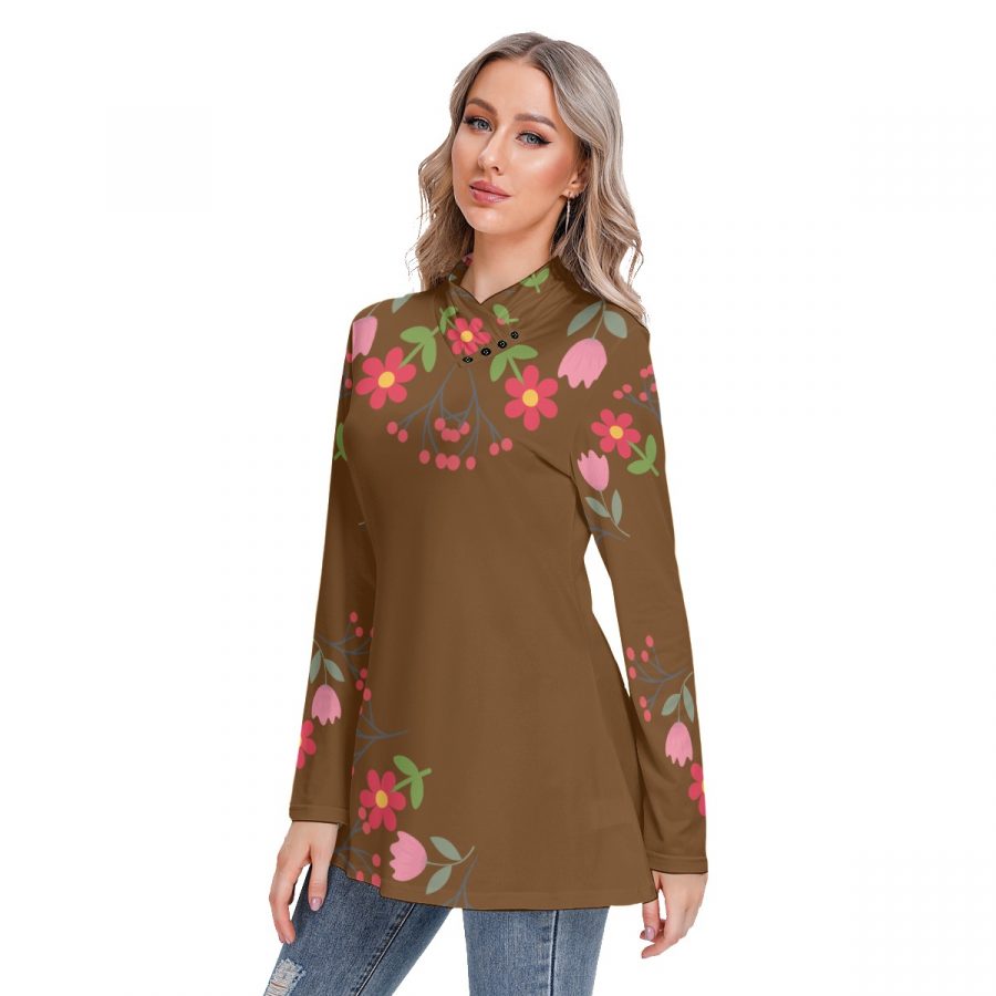 All-Over Print Women's Long-sleeved Heap-neck Slim Casual Tunic Blouse - Image 2