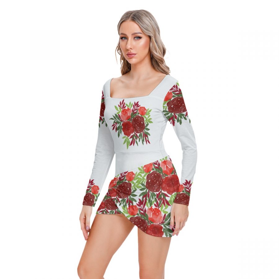 All-Over Print Women’s Square Collar Dress With Long Sleeve - Image 3