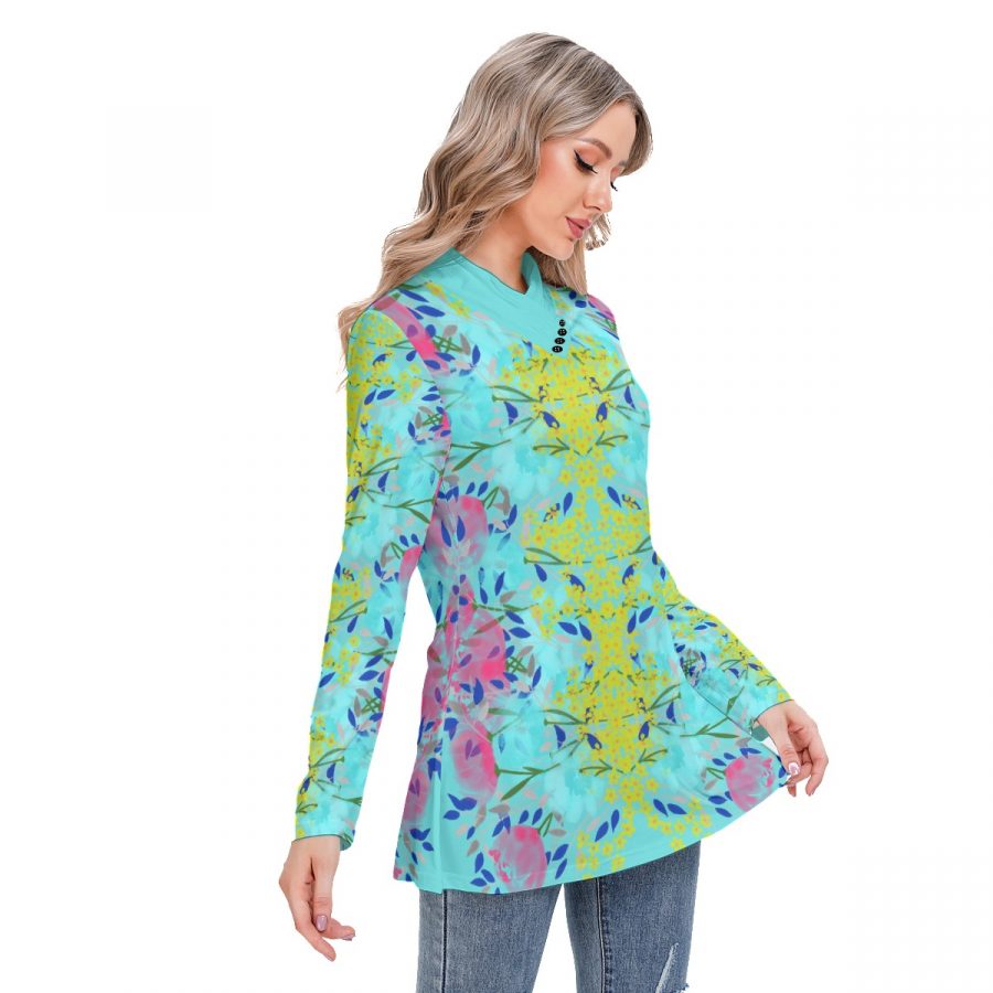 All-Over Print Women's Long-sleeved Heap-neck Slim Casual Tunic Blouse - Image 2
