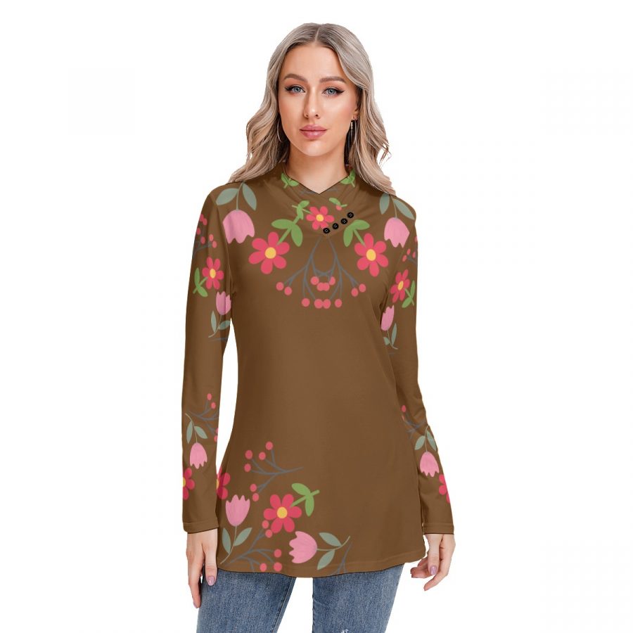 All-Over Print Women's Long-sleeved Heap-neck Slim Casual Tunic Blouse
