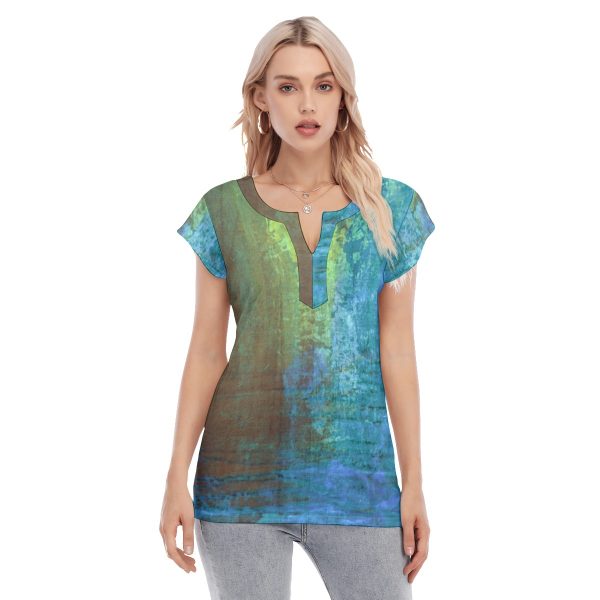 All-Over Print Women's Collarless Deep V-neck Short Sleeves Blouse