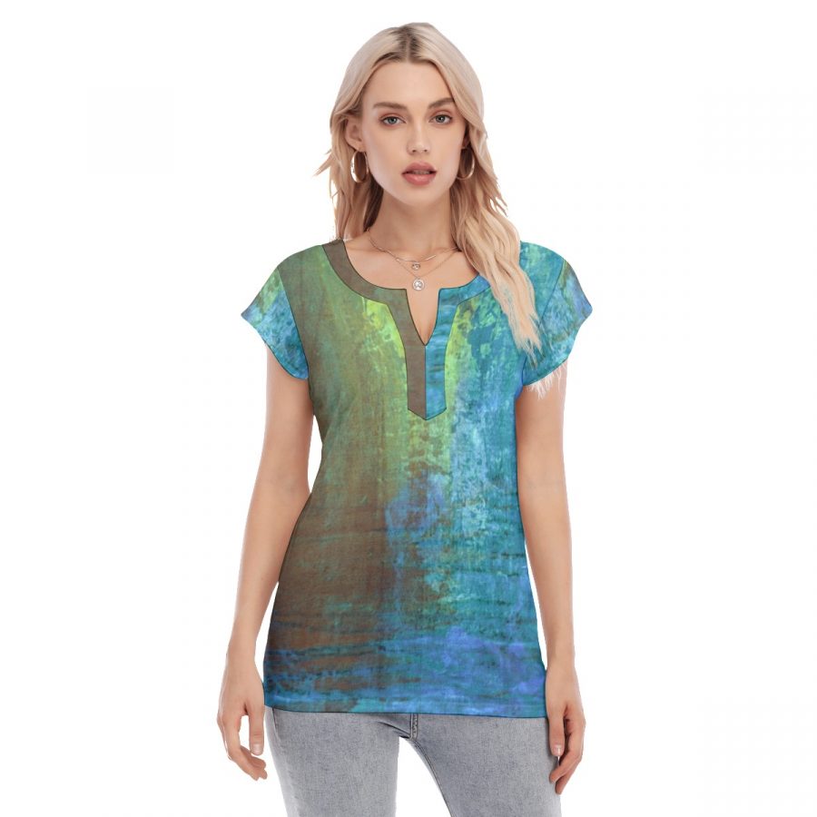 All-Over Print Women's Collarless Deep V-neck Short Sleeves Blouse