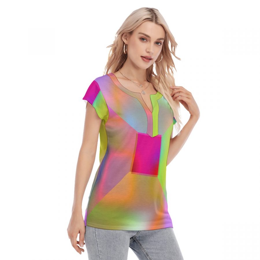 All-Over Print Women's Collarless Deep V-neck Short Sleeves Blouse - Image 3