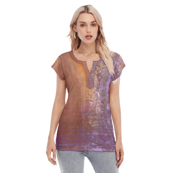 All-Over Print Women's Collarless Deep V-neck Short Sleeves Blouse