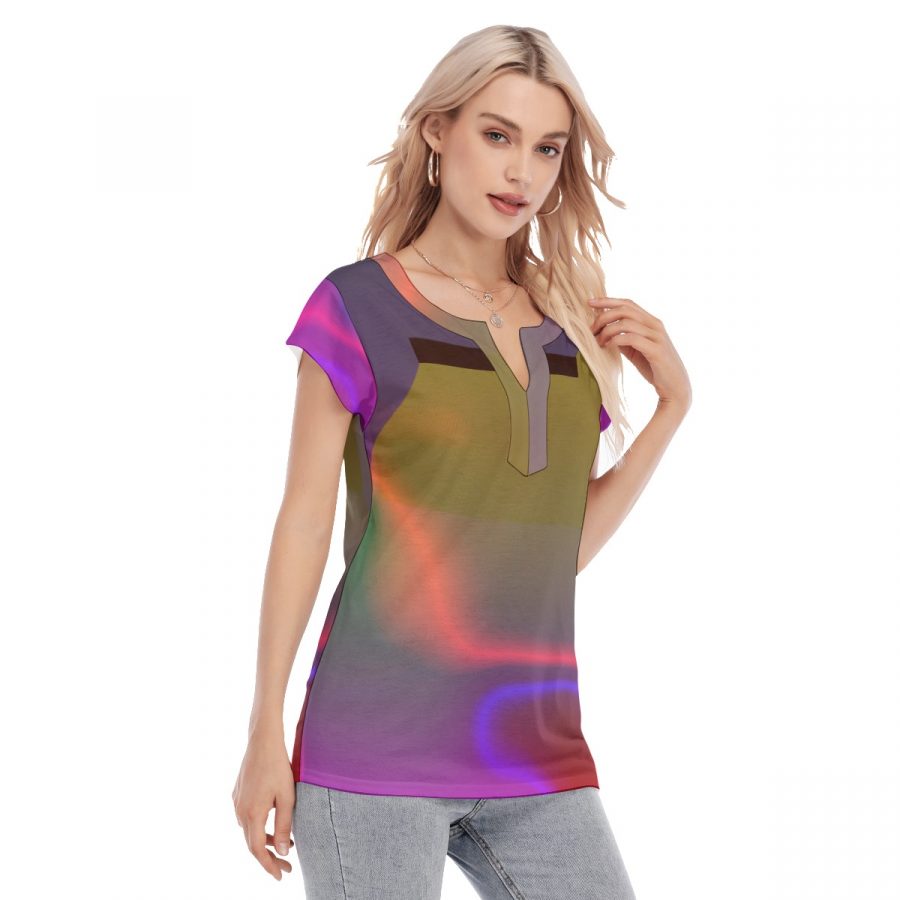 All-Over Print Women's Collarless Deep V-neck Short Sleeves Blouse - Image 3