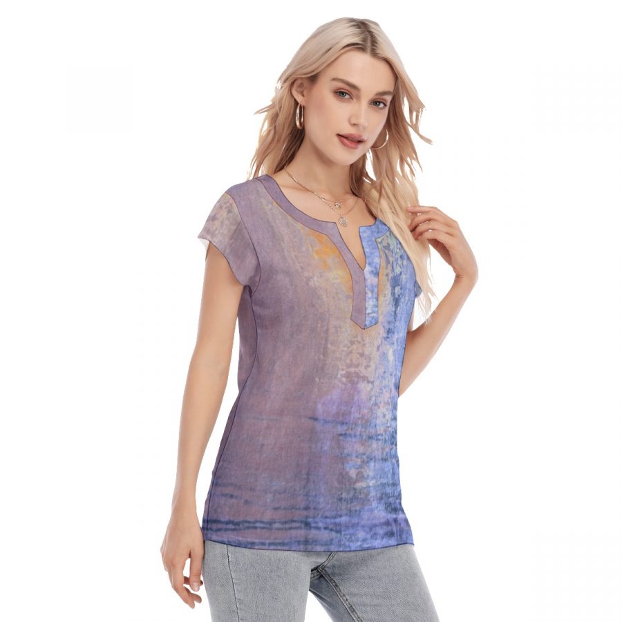 All-Over Print Women's Collarless Deep V-neck Short Sleeves Blouse - Image 3
