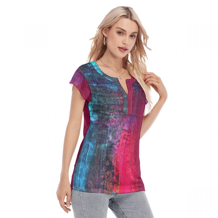 All-Over Print Women's Collarless Deep V-neck Short Sleeves Blouse - Image 3