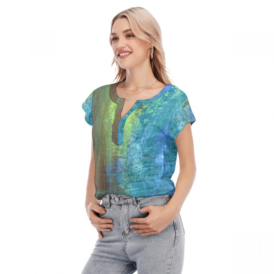 All-Over Print Women's Collarless Deep V-neck Short Sleeves Blouse - Image 2