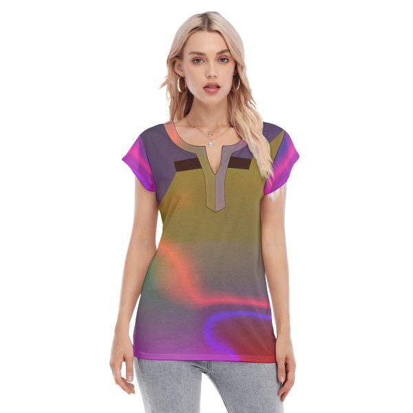 All-Over Print Women's Collarless Deep V-neck Short Sleeves Blouse