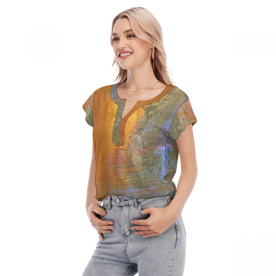 All-Over Print Women's Collarless Deep V-neck Short Sleeves Blouse - Image 2