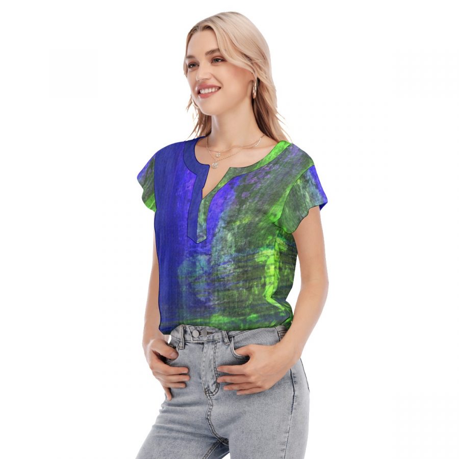 All-Over Print Women's Collarless Deep V-neck Short Sleeves Blouse - Image 2