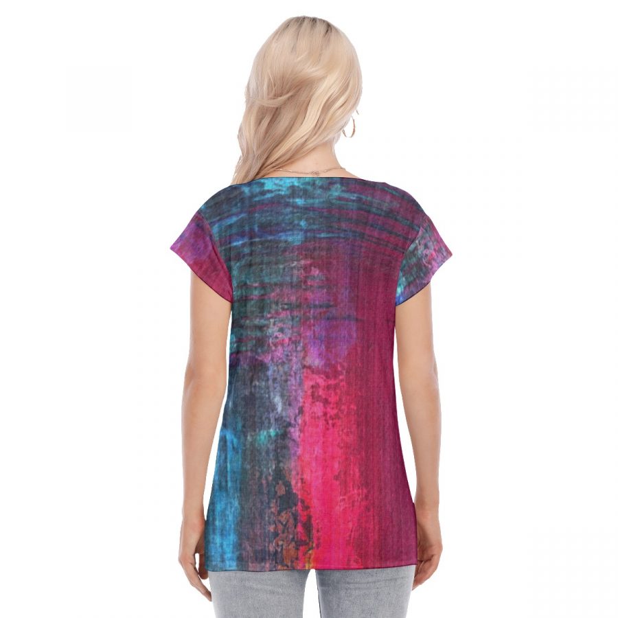 All-Over Print Women's Collarless Deep V-neck Short Sleeves Blouse - Image 4